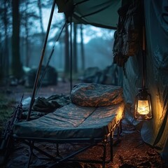 Cozy Military Tent Scene with Lantern in Foggy Forest Setting