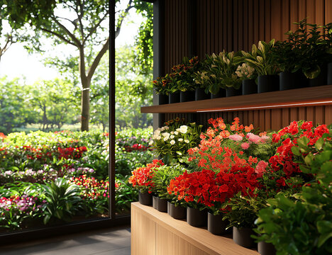 vibrant flower shop interior showcasing colorful potted plants and flowers, with view of lush garden outside. warm lighting enhances inviting atmosphere
