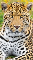 Fototapeta premium Realistic Close-Up of a Leopard Sitting in Natural Habitat with Striking Features and Captivating Eyes