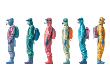 Colorful hazmat suits line up medical workers pandemic protection isolated on transparent background