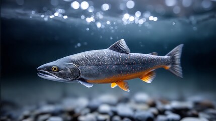 Fototapeta premium Majestic Arctic Char Swimming Underwater - A single Arctic Char gracefully swims through a crystal-clear river, symbolizing freedom, beauty, wilderness, strength, and pristine nature