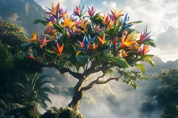 A lush tropical tree bursting with colorful bird of paradise flowers, set in a misty jungle landscape.