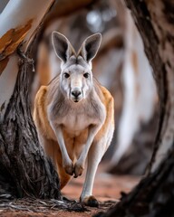 Realistic Image of a Kangaroo Hopping in Natural Space Surrounded by Trees and Earthy Tones, Captured in High Detail for Stock Photography