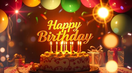 happy birthday card with candles and colorful baloons