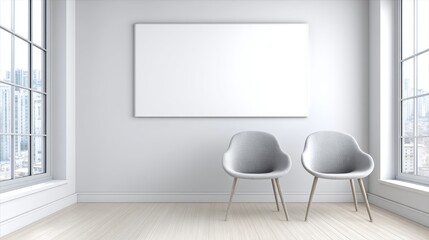 Modern Minimalist Office Space with Blank Whiteboard - Clean, modern office interior. Blank whiteboard, two grey chairs, large windows, minimalist design, bright space. Symbolizing productivity