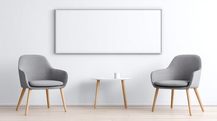 Modern Minimalist Office Waiting Area - Clean, simple design. Two grey chairs, a small table, and a blank whiteboard. Symbolizing: productivity, efficiency, minimalism, modern workspace