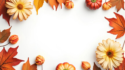 Obraz premium Autumn composition. Photo frame, flowers, leaves on white background. 