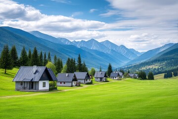 Mountain Village Summer Houses Green Field - Serene mountain village scene, symbolizing tranquility, escape, nature, community, and summer bliss