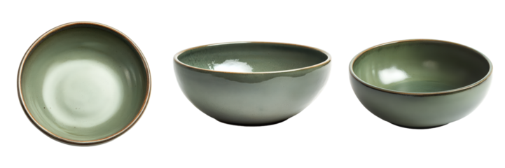 Three empty ceramic bowls in subtle green hues.