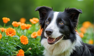 Fototapeta premium Joyful Black and White Border Collie among Orange Flowers