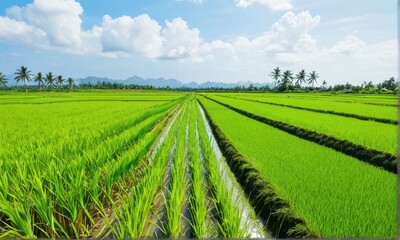 Lush Green Rice Paddies Under a Blue Sky