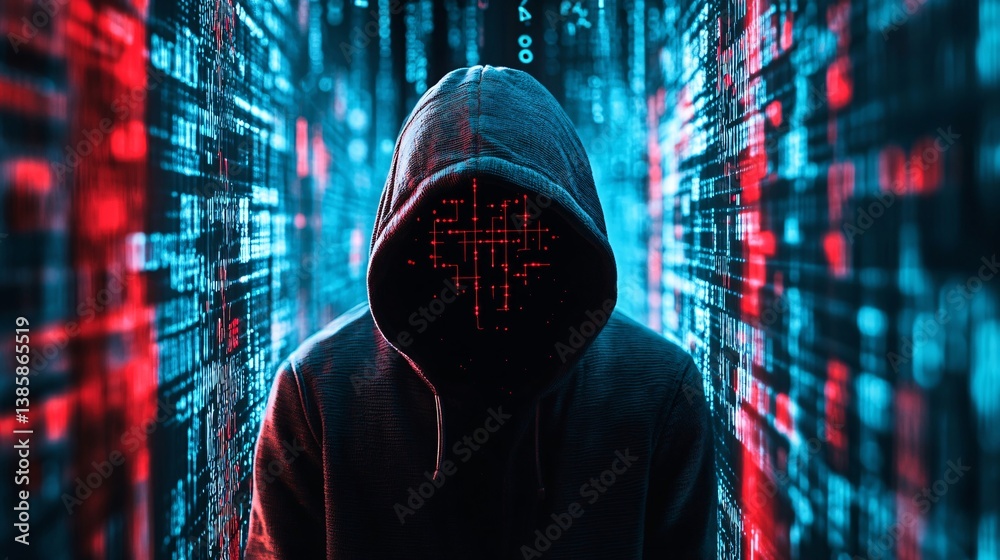Poster Hacker stands in the midst of binary code within a data center