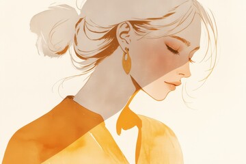 Serene woman with flowing hair, golden accents, and watercolor effect