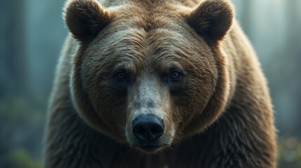 Fototapeta premium Close-up of a brown bear's head focusing on its intense gaze