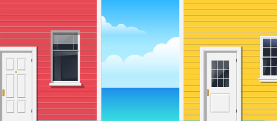 two houses facades red and yellow siding   near the sea close up vector illustration 