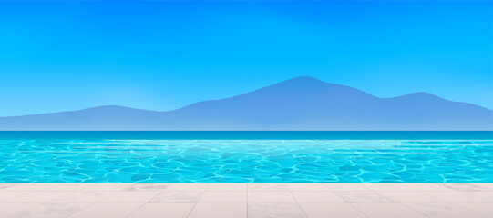 infinity pool tiles deck ocean sea mountain view resort summer vacation vector illustration