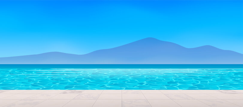 infinity pool tiles deck ocean sea mountain view resort summer vacation vector illustration