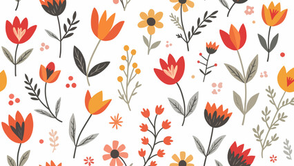 Hand drawn vector seamless flower pattern. Small various stylized red, yellow and pink flowers on white background