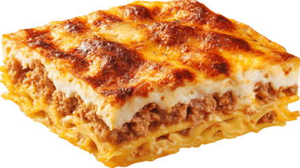 Slice of lasagna meaty cheesy isolated on transparent background png  
