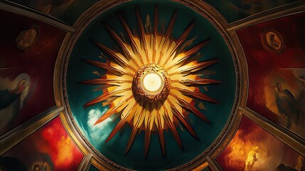 Fototapeta premium Interior view of an old European church dome with detailed ceiling and soft light
