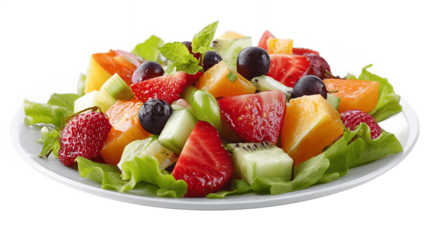 Mixed fruit vegetable plate isolated on transparent background png  
