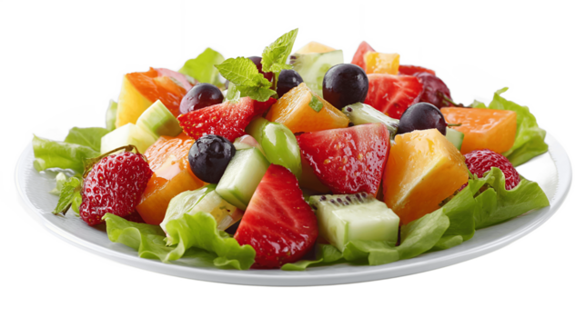 Mixed fruit vegetable plate isolated on transparent background png  
