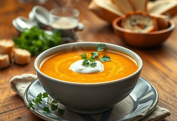 Steaming bowl of Gazpacho Soup with fresh cilantro, croutons, and sour cream
