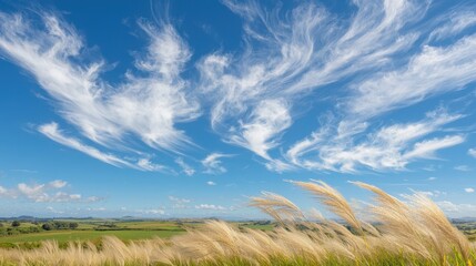 Obraz premium Windswept field of pampas grass beneath blue sky and swirling cloud formations. Serene landscape