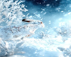 Fototapeta premium A Realistic Arctic Hare Running Through a Snowy Landscape in the Wilderness, Captured in Stunning Detail with a Gigapixel Resolution