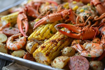 A seafood boil spread with corn on the cob, potatoes, shrimp, crab legs, and andouille sausage, all tossed in a spicy seasoning