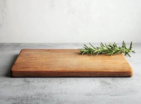 Photo of a wooden, empty rectangular kitchen board on a grey concrete table with rosemary leaves, side view, isolated on a white background. 