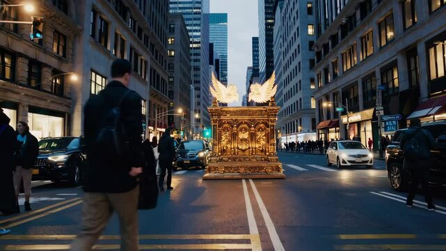 Golden ark of the covenant stands in the middle of fifth avenue in new york city