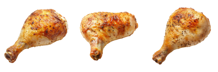 Three roasted chicken drumsticks seasoned with herbs.