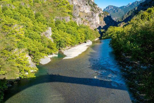 Impressive landscape from the ravine of the Ao&ouml;s (or Aous) river. It flows through the Vikos&ndash;Ao&ouml;s National Park in the Pindos mountain range, near the cities of Ioannina and Konitsa. Epirus. Greece.