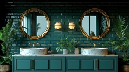 Luxurious teal bathroom with gold accents, double vanity, and tropical plants