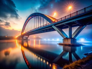 Fototapeta premium Modern Bridge Spanning River at Twilight, Thick Fog - Dramatic Landscape