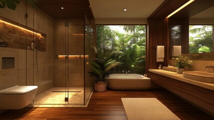 Fototapeta premium Luxurious, tropical-style bathroom with wooden accents, showcasing a large walk-in shower, soaking 