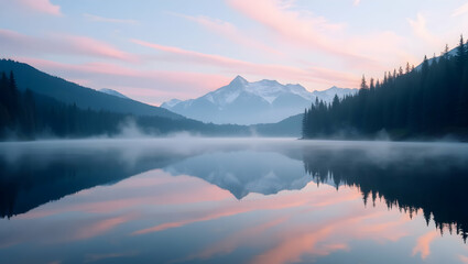 Fototapeta premium Tranquil Dawn at Mountain Lake, A Majestic Reflection of Snowy Peaks and Soft Pastel Skies Mirrored in the Calm Waters, Offering a Sense of Peace