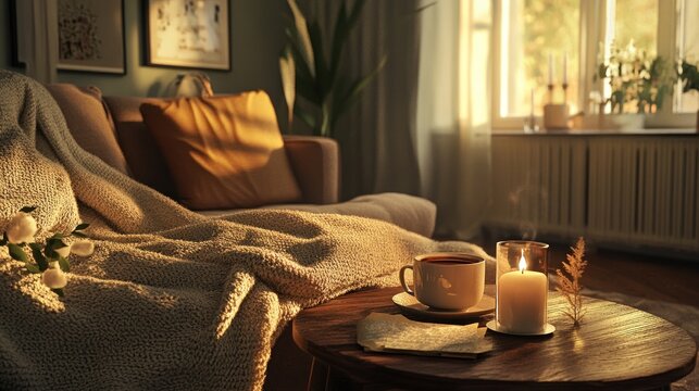 A Moment of Calm A Cozy Living Room Scene with Candlelight and Herbal Tea