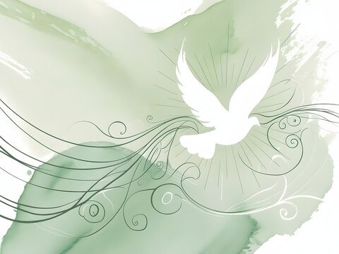 White Dove with Green Watercolor and Flourishes Symbolizing Peace