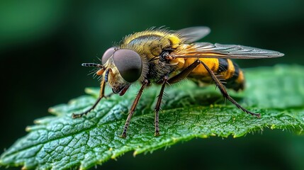 Fototapeta premium Macro shot of a hoverfly perched on a single green leaf, focusing on its detailed features and natural environment.