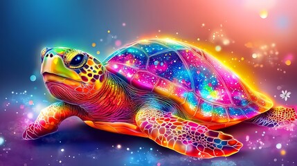 Whimsical turtle radiating vibrant colors with a galactic shell and magical glow