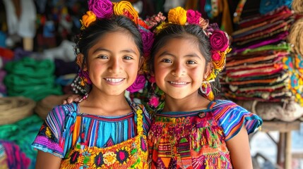 two young girls in traditional Mexican dress. 