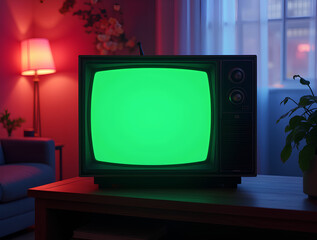 Close Up Footage of a Dated TV Set with Green Screen Mock Up Chroma Key Template Display.