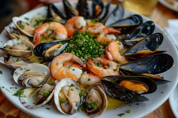 A seafood platter with freshly steamed clams, mussels, and shrimp, served with a garlic butter dipping sauce