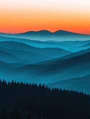 Serene mountain landscape at sunset with layered blue hills and orange sky creating a peaceful vista
