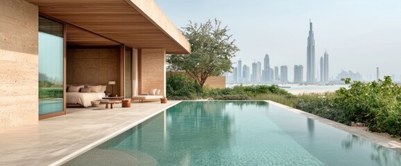 Modern beige villa with a pool, overlooking the city