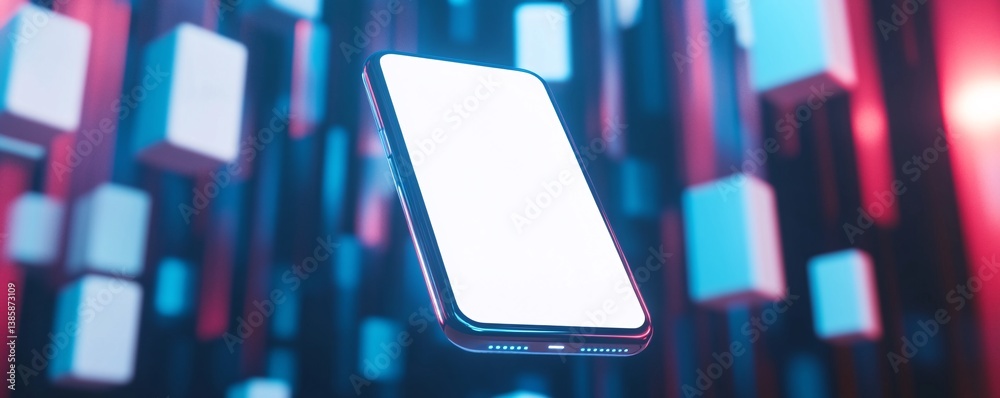 Aufkleber Modern smartphone with a blank white screen is floating in an abstract neon cube structure