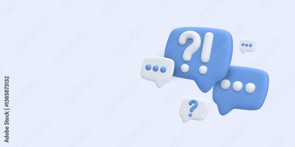 Fototapete Chat And Support Message Bubbles In 3D Style With Question And Exclamation Marks. Minimal Blue Communication Icons For App Or Web UI Design. Clean Modern Aesthetic. Vector Illustration.