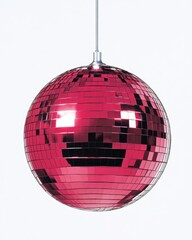 Vibrant magenta disco ball suspended against a clean white backdrop creating a retro and festive atmosphere perfect for dance parties and celebrations